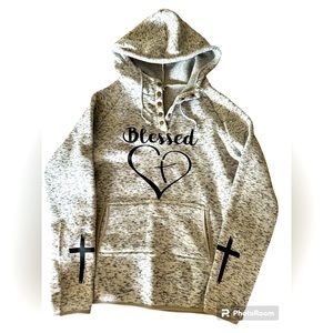 NWT BLESSED- JESUS HAS MY BACK HOODIE W/ BUTTONS. MARBLE GRAY & BLACK COLOR
